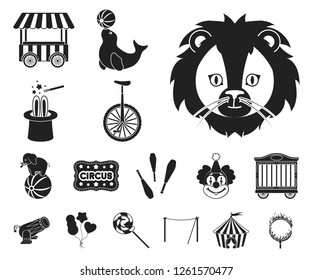 Circus and attributes black icons in set collection for design. Circus Art vector symbol stock web illustration.