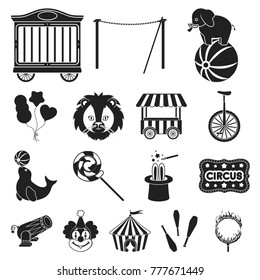 Circus and attributes black icons in set collection for design. Circus Art vector symbol stock web illustration.