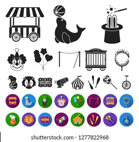 Circus and attributes black,flat icons in set collection for design. Circus Art vector symbol stock web illustration.