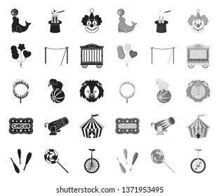 Circus and attributes black.mono icons in set collection for design. Circus Art vector symbol stock web illustration.