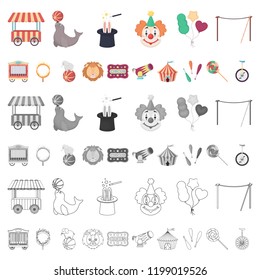 Circus and attributes cartoon icons in set collection for design. Circus Art vector symbol stock web illustration.