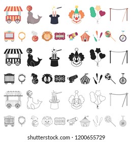 Circus and attributes cartoon icons in set collection for design. Circus Art vector symbol stock web illustration.