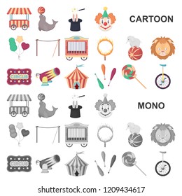 Circus and attributes cartoon icons in set collection for design. Circus Art vector symbol stock web illustration.