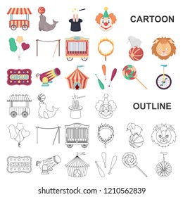 Circus and attributes cartoon icons in set collection for design. Circus Art vector symbol stock web illustration.