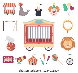 Circus and attributes cartoon icons in set collection for design. Circus Art vector symbol stock web illustration.