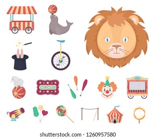 Circus and attributes cartoon icons in set collection for design. Circus Art vector symbol stock web illustration.