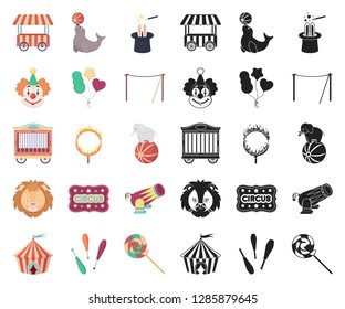 Circus and attributes cartoon,black icons in set collection for design. Circus Art vector symbol stock web illustration.