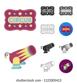 Circus and attributes cartoon,black,flat,monochrome,outline icons in set collection for design. Circus Art vector symbol stock web illustration.