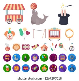 Circus and attributes cartoon,flat icons in set collection for design. Circus Art vector symbol stock web illustration.