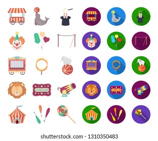 Circus and attributes cartoon,flat icons in set collection for design. Circus Art vector symbol stock web illustration.