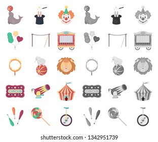 Circus and attributes cartoon,mono icons in set collection for design. Circus Art vector symbol stock web illustration.