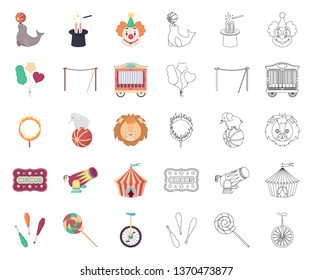 Circus and attributes cartoon,outline icons in set collection for design. Circus Art vector symbol stock web illustration.