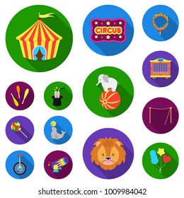 Circus and attributes flat icons in set collection for design. Circus Art vector symbol stock web illustration.