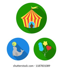 Circus and attributes flat icons in set collection for design. Circus Art vector symbol stock web illustration.