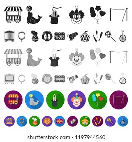 Circus and attributes flat icons in set collection for design. Circus Art vector symbol stock web illustration.