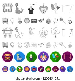 Circus and attributes flat icons in set collection for design. Circus Art vector symbol stock web illustration.