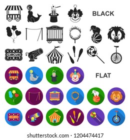 Circus and attributes flat icons in set collection for design. Circus Art vector symbol stock web illustration.