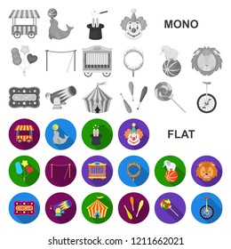 Circus and attributes flat icons in set collection for design. Circus Art vector symbol stock web illustration.