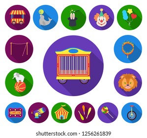 Circus and attributes flat icons in set collection for design. Circus Art vector symbol stock web illustration.