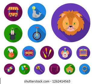 Circus and attributes flat icons in set collection for design. Circus Art vector symbol stock web illustration.