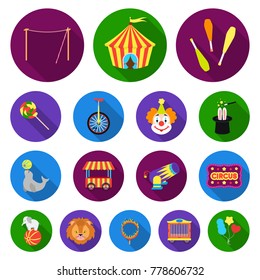 Circus and attributes flat icons in set collection for design. Circus Art vector symbol stock web illustration.