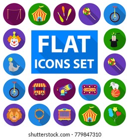 Circus and attributes flat icons in set collection for design. Circus Art vector symbol stock web illustration.