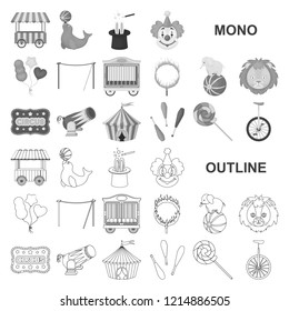 Circus and attributes monochrom icons in set collection for design. Circus Art vector symbol stock web illustration.