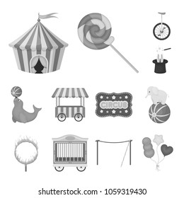 Circus and attributes monochrome icons in set collection for design. Circus Art vector symbol stock web illustration.