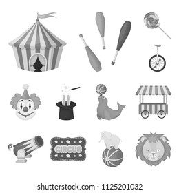 Circus and attributes monochrome icons in set collection for design. Circus Art vector symbol stock web illustration.