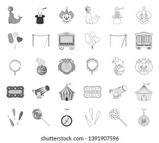 Circus and attributes mono,outline icons in set collection for design. Circus Art vector symbol stock web illustration.