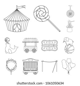 Circus and attributes outline icons in set collection for design. Circus Art vector symbol stock web illustration.