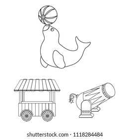 Circus and attributes outline icons in set collection for design. Circus Art vector symbol stock web illustration.