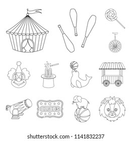 Iconos de esquema de circo y atributos en la colección set para el diseño. Ilustración de la web del símbolo vector Circus Art.