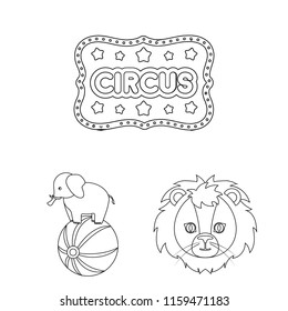 Circus and attributes outline icons in set collection for design. Circus Art vector symbol stock web illustration.