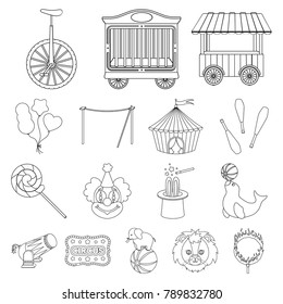 Circus and attributes outline icons in set collection for design. Circus Art vector symbol stock web illustration.
