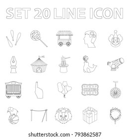 Circus and attributes outline icons in set collection for design. Circus Art vector symbol stock web illustration.