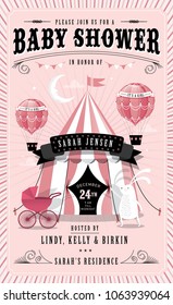 Circus Baby Girl Baby Shower Invitation Template Vector Illustration