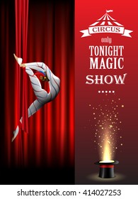 Circus background with acrobatic girl, red curtains and magician hat.