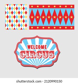 circus background diamonds and circles welcome sign red beige blue white