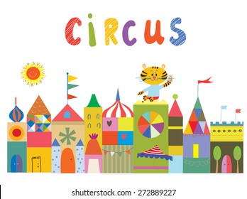 Circus background with funny buildings, animals and sun cartoon