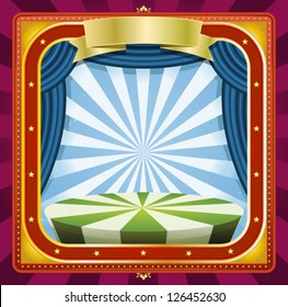 Circus Background/ Illustration of a square holidays circus frame background poster with banners, blue curtains and gold ornaments for arts events and entertainment background