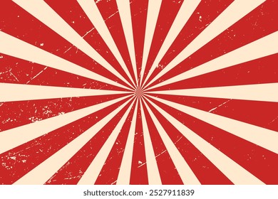 Fundo de circo e padrão de vetor de raios retrô espiral. Cartaz vintage de sol branco vermelho ou estrela rompe linhas radiais com textura grunge, circo, carnaval.