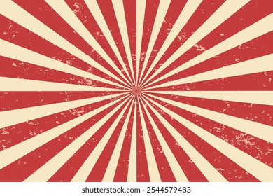 Fundo de circo e padrão de vetor de raios retrô espiral. Cartaz vintage de sol branco vermelho ou estrela rompe linhas radiais com textura grunge, circo, carnaval, feira de verão