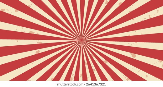 Circus background and spiral retro rays vector pattern. Vintage poster of red white sun or star burst radial lines with grunge texture, circus, carnival, summer fair or chapiteau backdrop
