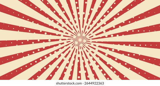 Circus background and spiral retro rays vector pattern. Vintage poster of red white sun or star burst radial lines with grunge texture, circus, carnival, summer fair or chapiteau backdrop