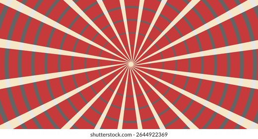 Circus background and spiral retro rays vector pattern. Vintage poster of red white sun radial lines or exploding stars with grunge texture.