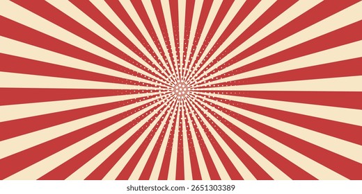 Fondo de circo y patrón de Vector de rayos retro en espiral. Afiche de Antiguas de sol rojo blanco o estrella estallar radial