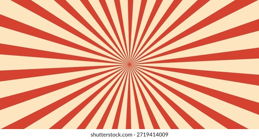 Fondo de circo y patrón de Vector de rayos retro en espiral. Cartel de Antiguas de líneas radiales rojas blancas del sol o de la explosión de la estrella con la textura del grunge, circo, carnaval, feria del verano o fondo del chapiteau