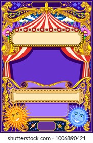 Circus background theme. Vintage frame with circus tent for kids birthday party invitation or post. Quality template vector illustration.