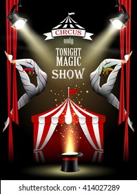 Circus background with two acrobatic girls, spotlights, tent and magician hat.